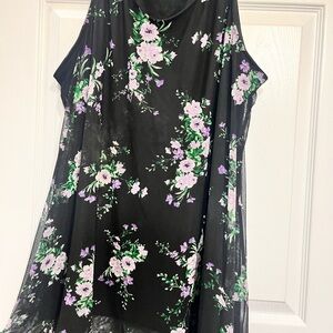 Women’s Black Floral Midi Dress with Lavender Blooms